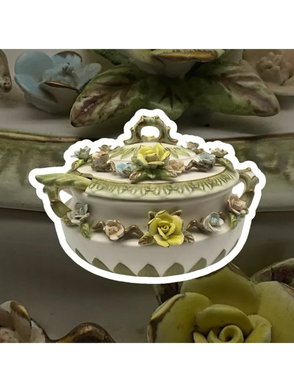 Lenwile Ardalt Fine Tureen, Lid and Ladle Set # 7004 Capodimonte Style Flowers